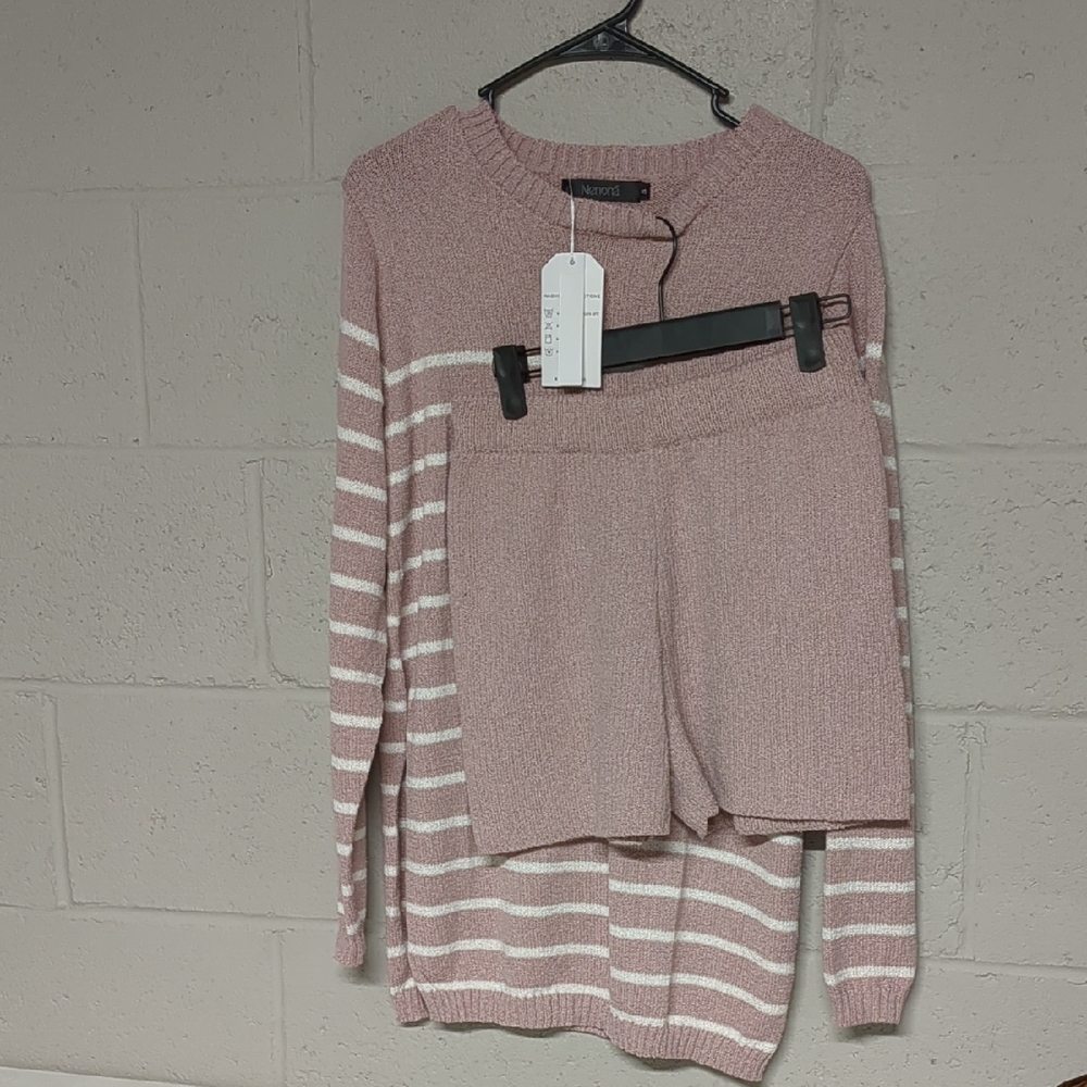 Women's Summer Sweater Set 2 Piece Beach Vacation Outfit Pink Stripes SMALL NWT